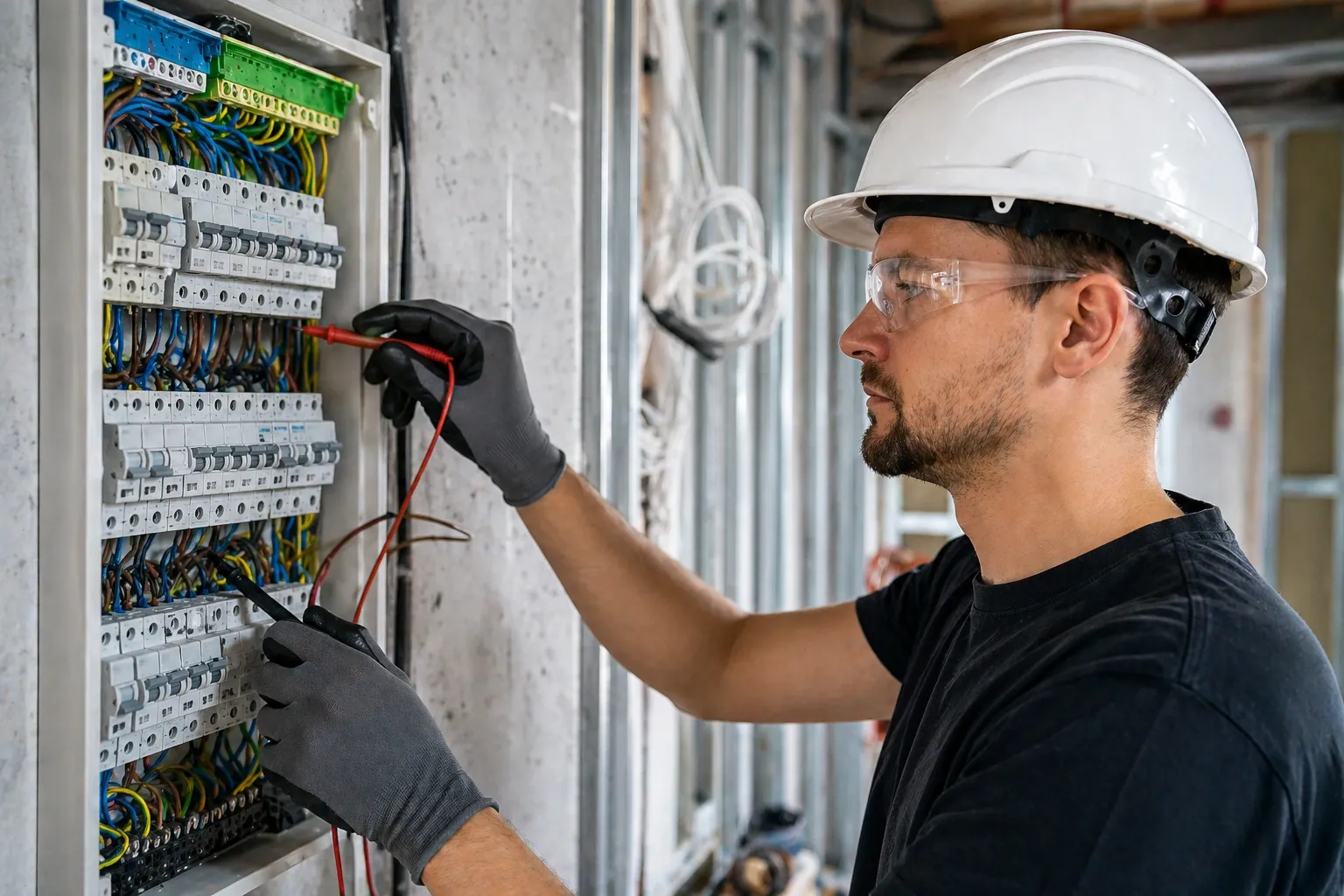 Elektriker prüft Installation auf Baustelle in der Ortenau