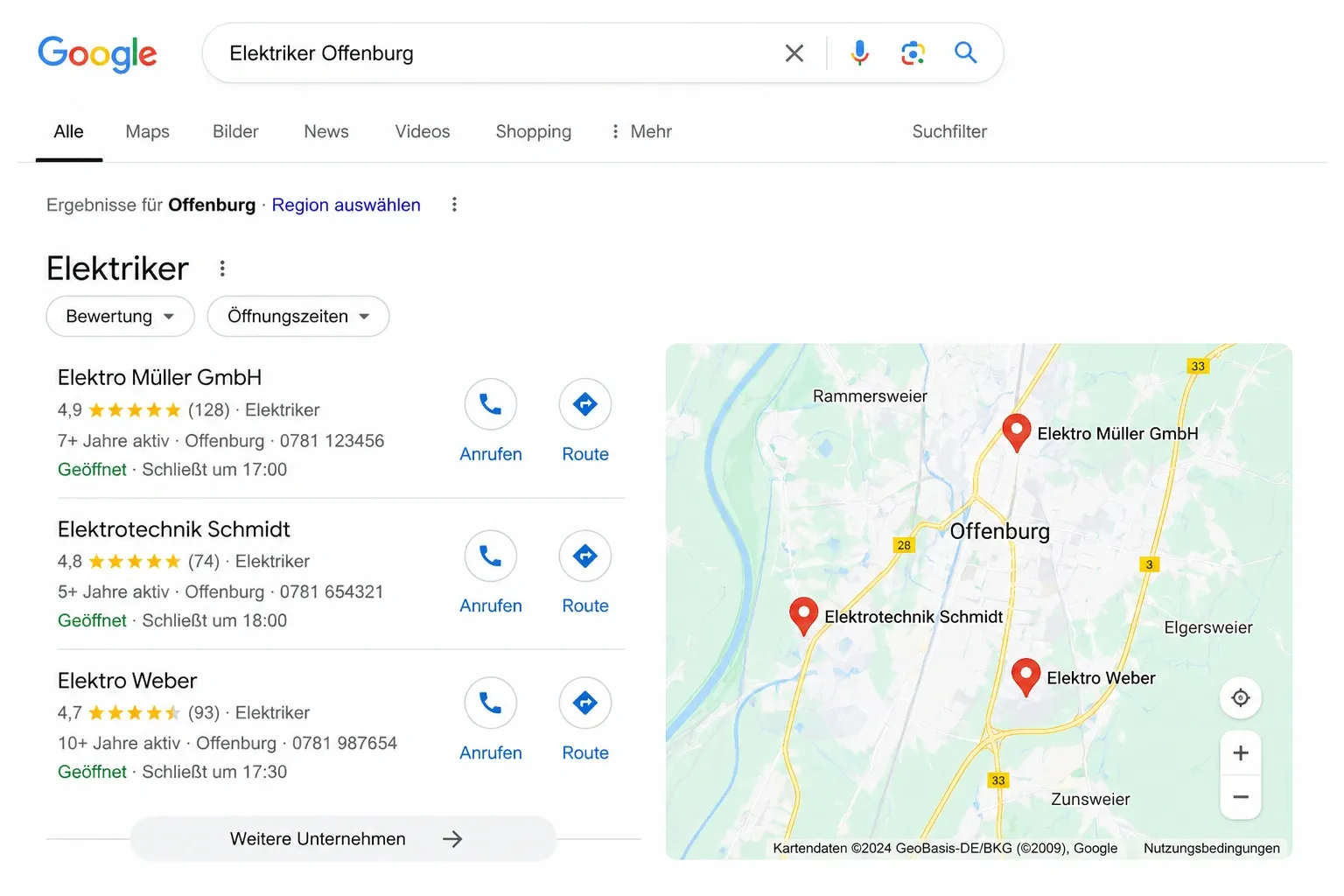 Google Local Pack mit Handwerkern in Offenburg