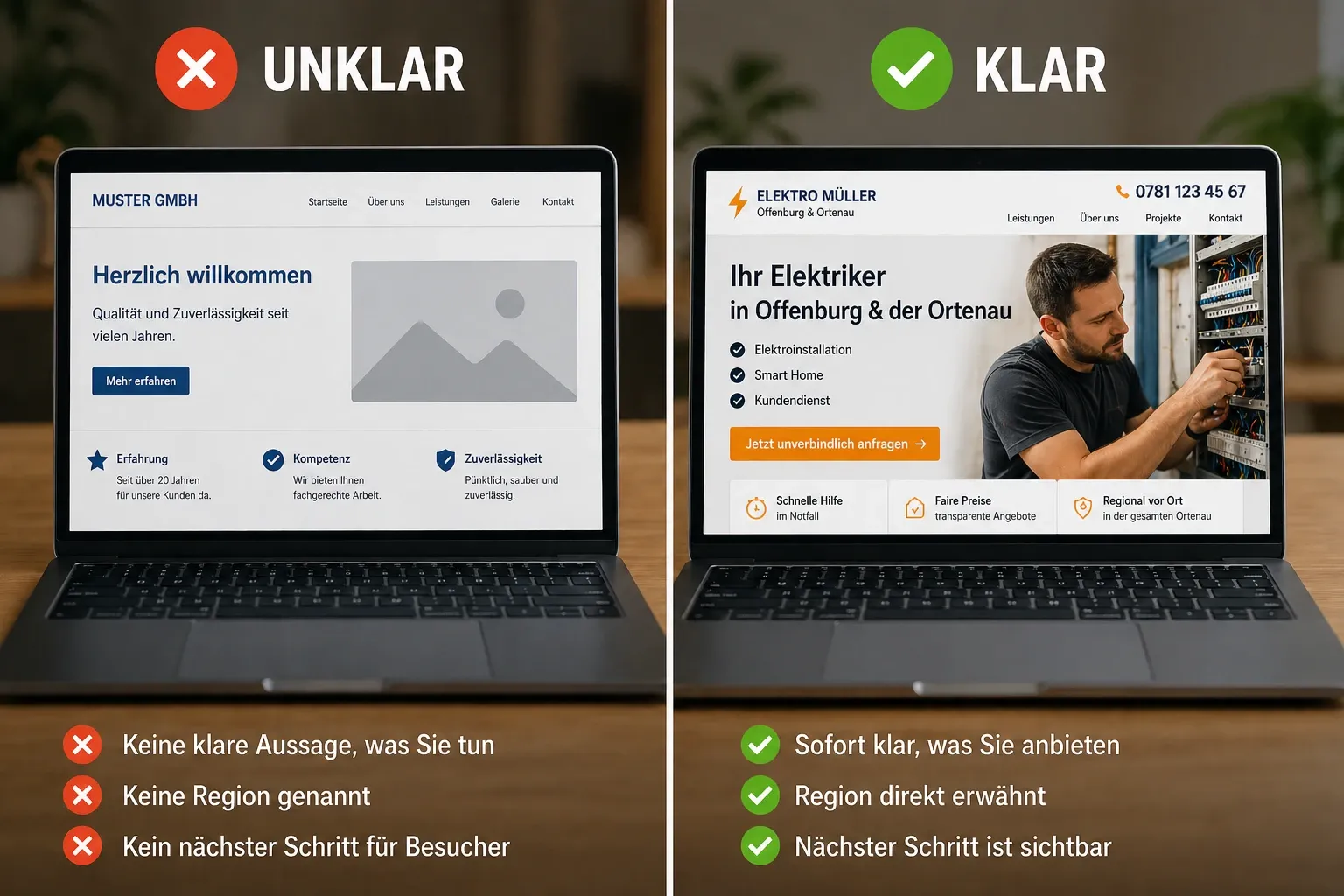 Unklare vs klare Handwerker Website Struktur