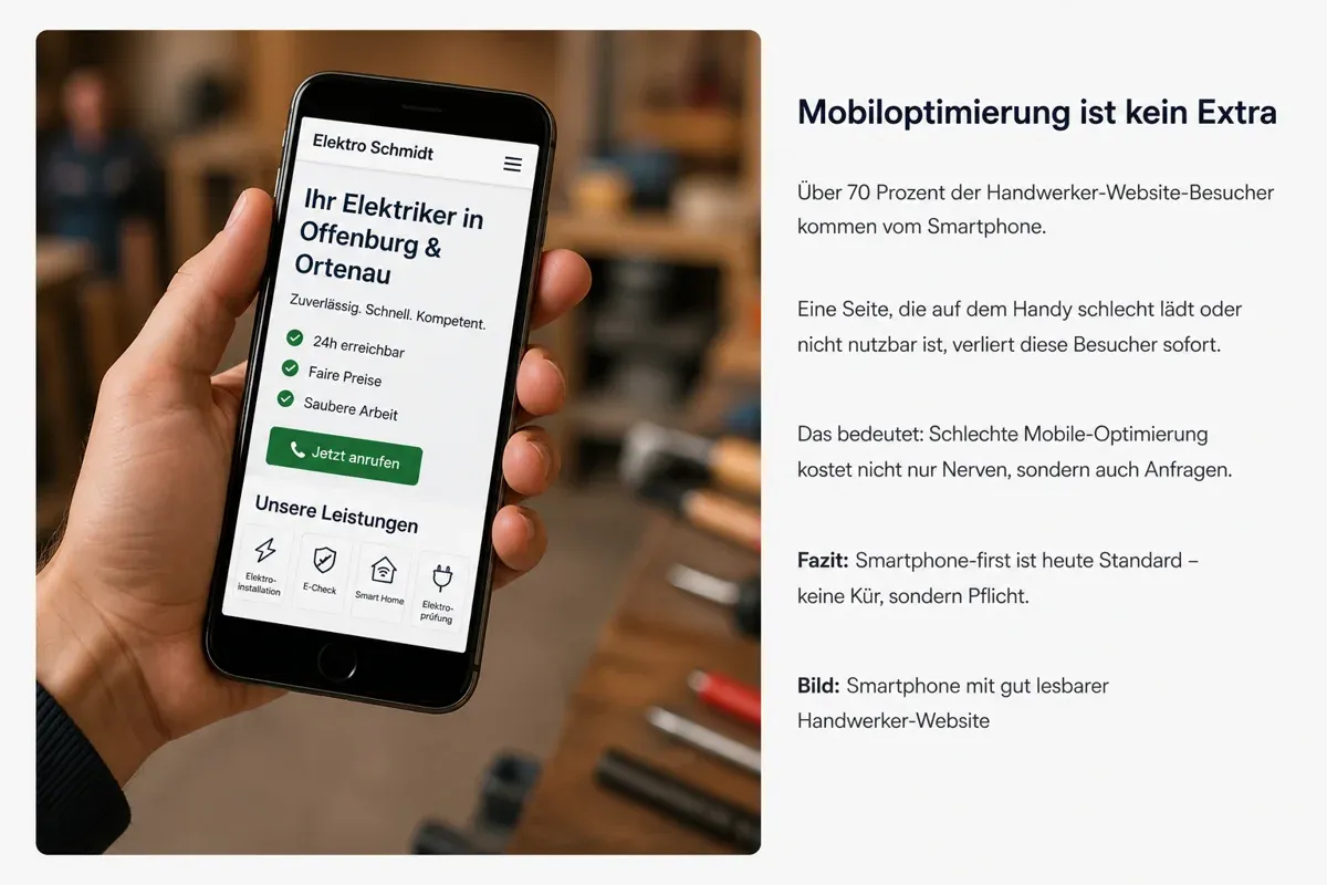 Handwerker Website auf Smartphone, gut lesbar und mobil optimiert