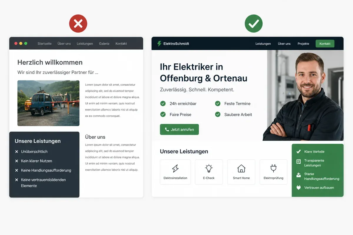 Vergleich einer schlechten und guten Handwerker Website