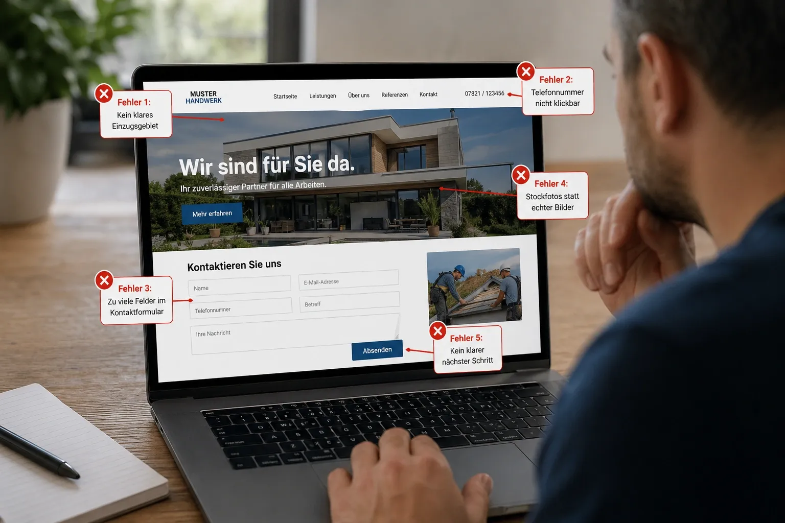 Handwerker schaut auf Website und erkennt Fehler