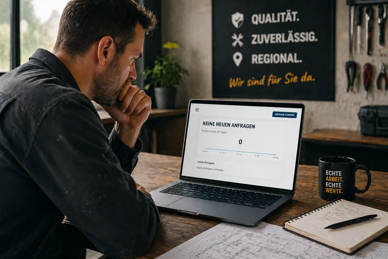 Handwerker sitzt vor Laptop und analysiert seine Website ohne Anfragen