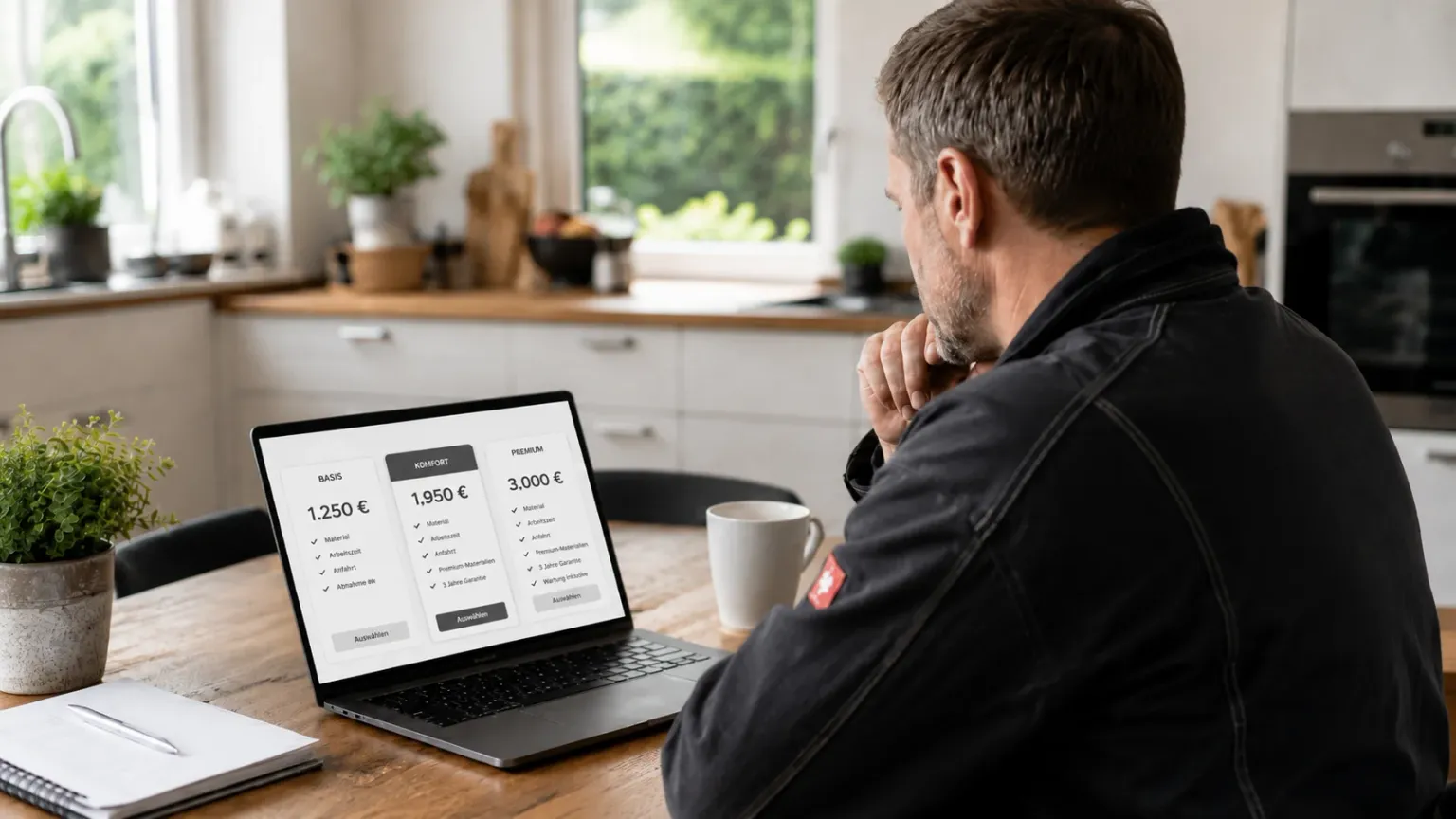 Handwerker vergleicht Angebote für eine neue Webseite am Laptop