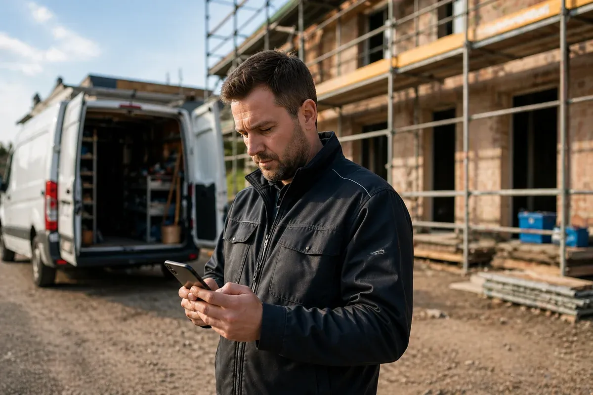 Handwerker schaut auf Smartphone vor Baustelle
