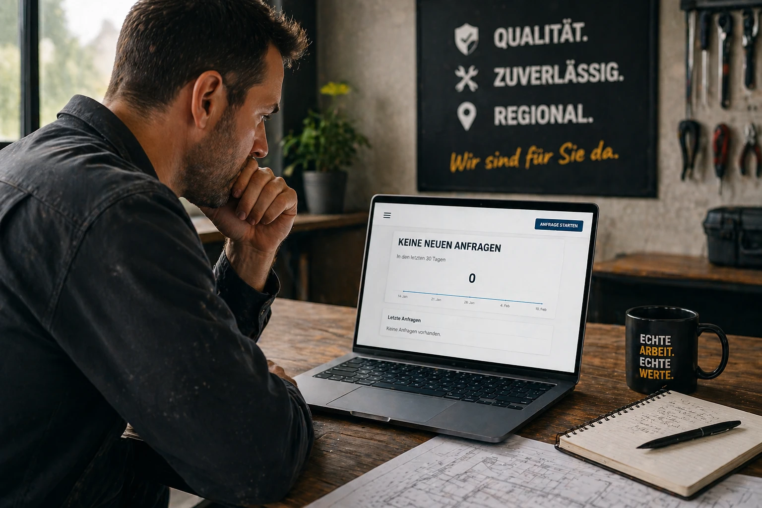 Handwerker sitzt vor Laptop und analysiert seine Webseite ohne Anfragen